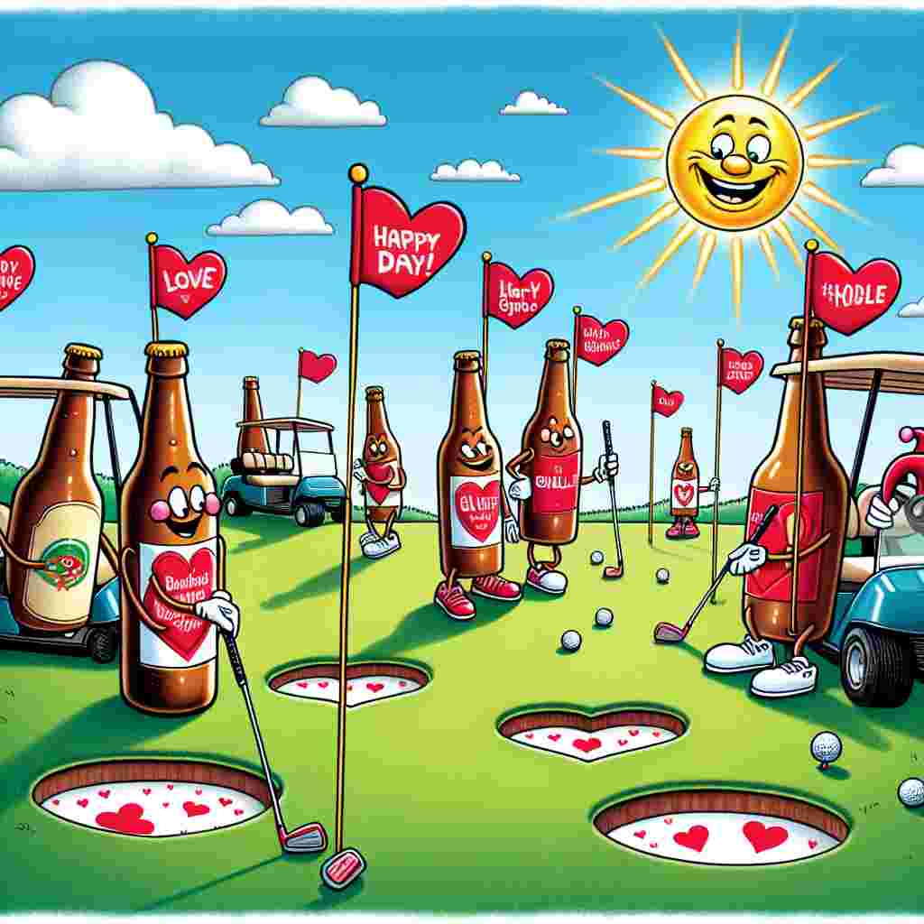 Illustrate a delightful cartoon depiction of Valentine's Day. On a love-themed golf course, imagine amusing beer bottles attired in golf clothes eagerly playing a round. Each hole on the course is heart-shaped, and the flags adorning them bear humorous affectionate puns. The sun above, donning a jester's hat, beams down warmly on the scene, adding a comical tone. Golf carts, who somehow have the ability to giggle, are exchanging heart-shaped valentines thus adding to the whimsical comedy of the overall scenario.
Generated with these themes: Golf beer comedy .
Made with ❤️ by AI.