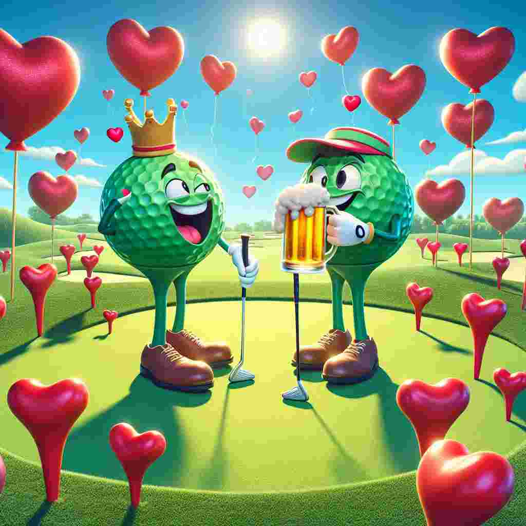 Imagine a whimsical cartoon scene on a vibrant golf course adorned with heart decorations. The fairway is speckled with cheerful, animated golf balls, each one holding a frothy mug of beer and sharing a hearty laugh. On this special green, witness interactions between golf tees and anthropomorphic golf clubs who appear to be couples. They are exchanging humorous valentines, giggling together beneath a clear sky interwoven with floating red heart-shaped balloons. Bask in the infectious joy and charm of this rather unique Valentine's Day celebration amidst the sporty ambiance of a golf course.
Generated with these themes: Golf beer comedy .
Made with ❤️ by AI.