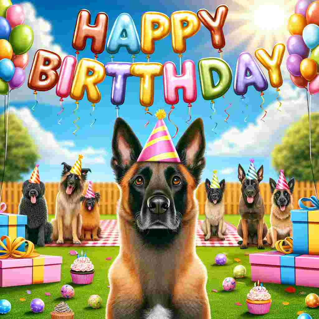 A cartoon Belgian Malinois sits at the forefront of the scene, gazing upwards at the 'Happy Birthday' text floating above in colorful balloon letters. The background features a sunny park scene with other dogs in party hats, a picnic setup with birthday cupcakes, and gift boxes around.
Generated with these themes: Belgian Malinois  .
Made with ❤️ by AI.