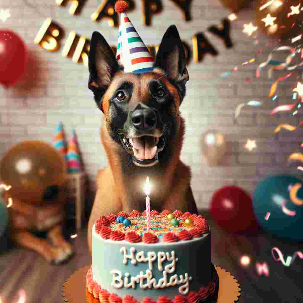 The illustration shows a grinning Belgian Malinois with a birthday cake in front of it. The cake has 'Happy Birthday' written in icing, with a single lit candle on top. Party streamers and little hats are scattered in the background, emphasizing the festive mood.
Generated with these themes: Belgian Malinois  .
Made with ❤️ by AI.