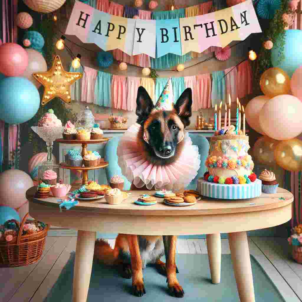 In this sweet scene, a Belgian Malinois in a party outfit stands beside a table laid with birthday treats and a banner that reads 'Happy Birthday.' The background is decorated with pastel streamers and paper lanterns, creating a soft, joyful atmosphere.
Generated with these themes: Belgian Malinois  .
Made with ❤️ by AI.