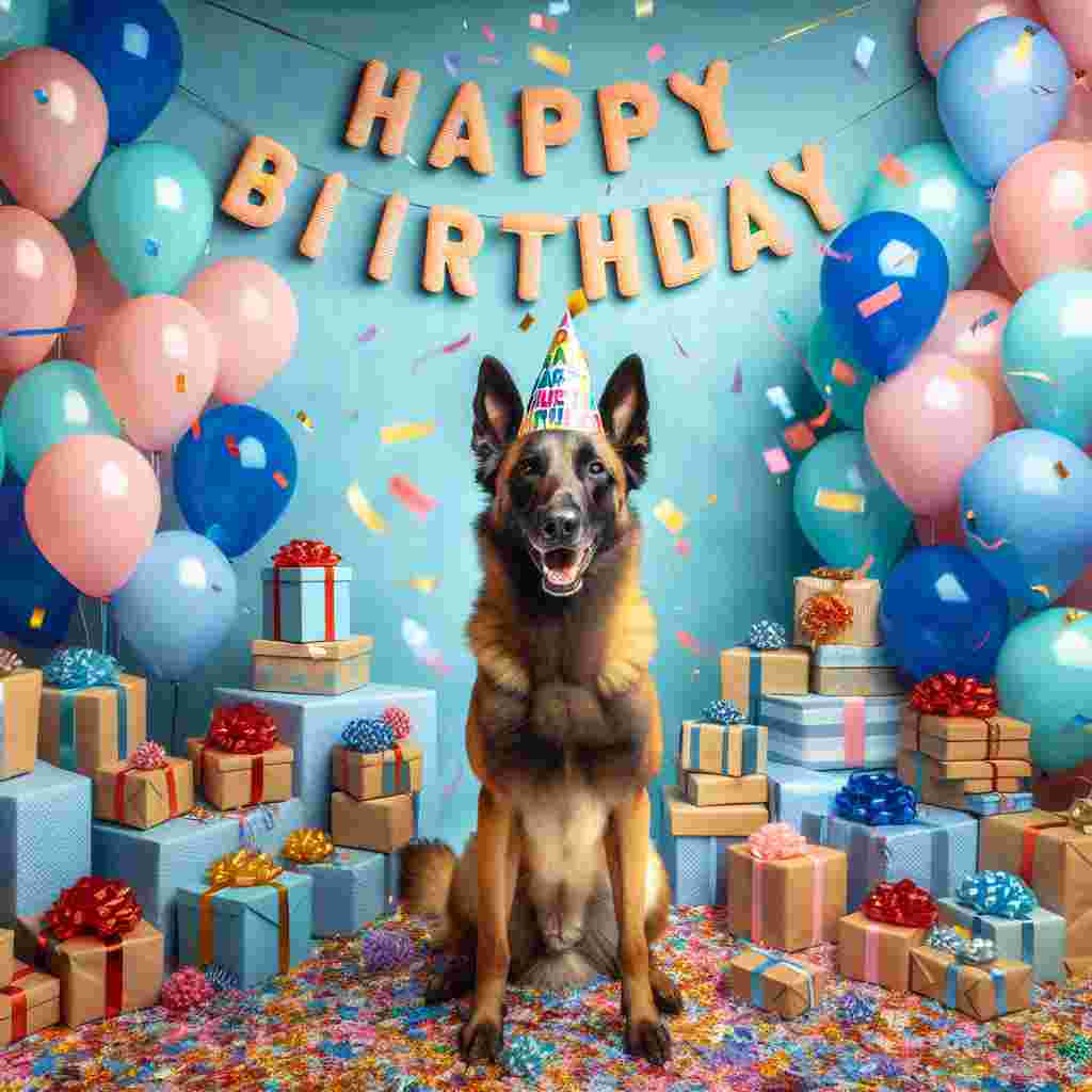 A playful Belgian Malinois wearing a colorful birthday hat sits in the center of a light blue background, surrounded by floating balloons and a pile of wrapped gifts. Overhead, 'Happy Birthday' is written in cheerful, bold cursive with confetti sprinkling down from the letters.
Generated with these themes: Belgian Malinois  .
Made with ❤️ by AI.