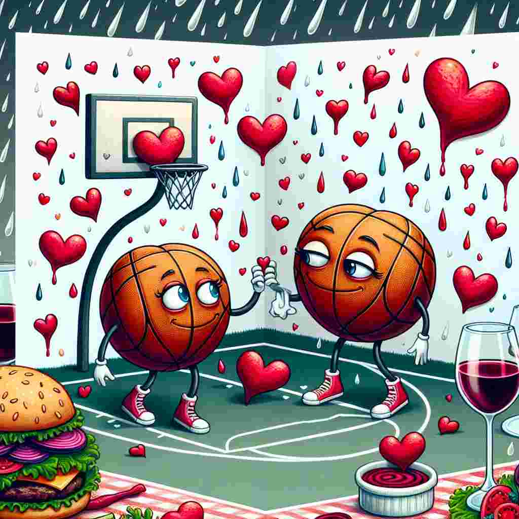 A whimsical Valentine's Day card is being decorated, filled with overflowing hearts and raindrops artistically dribbling down. It showcases two basketballs appearing love-struck, situated on a basketball court, playfully interacting with affectionate glances rather than passing the ball. The scene is surrounded by a picnic setting in charming chaos, with unique burgers adorned with beetroot hearts and cheeky buns that seem to wink. Sidelines are occupied by glasses of wine, symbolically cheering and seemingly clinking in a toast to a love that's as robust and complex as a vintage red wine.
Generated with these themes: Basketball, Burgers, and Wine.
Made with ❤️ by AI.