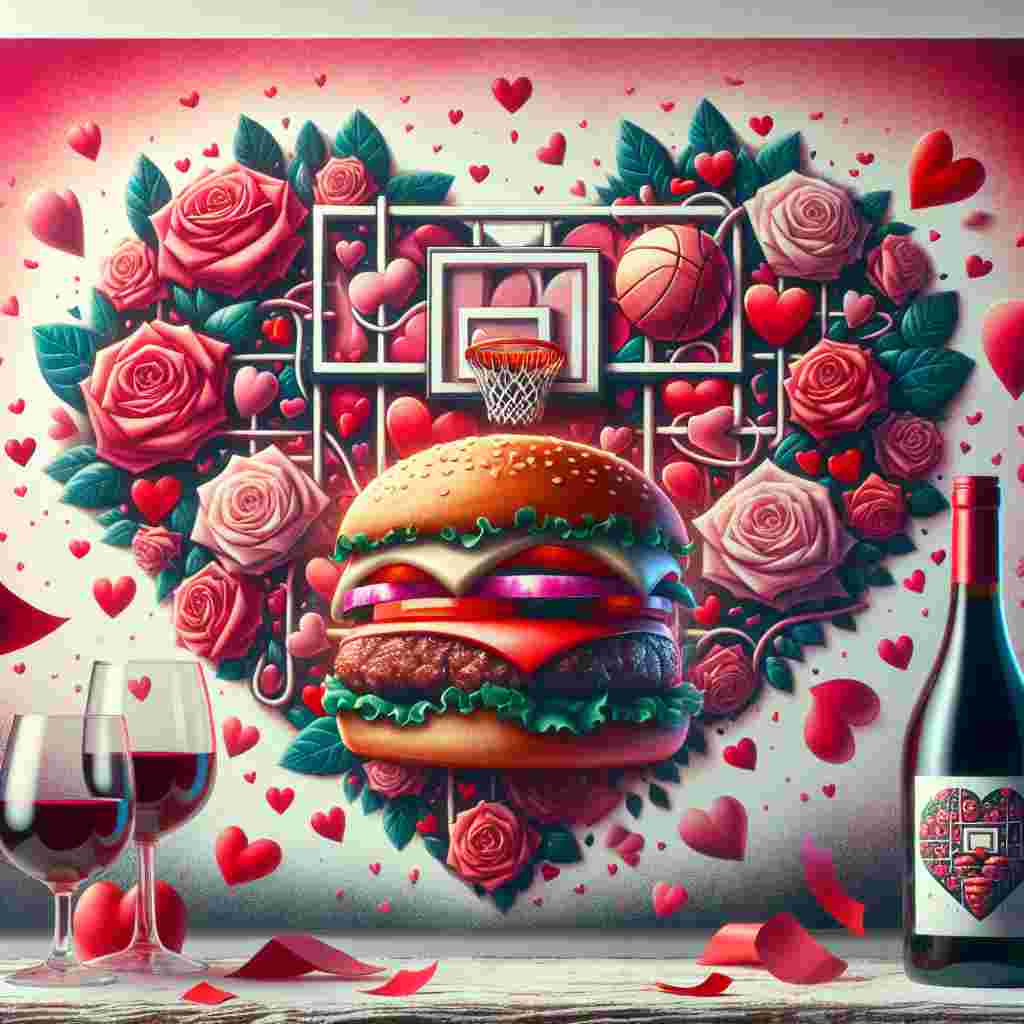 Imagine an abstract Valentine's Day background filled with hues of red, pink and white. The main focus is a basketball hoop intertwined with blooming roses, a perfect representation of love being scored. Hovering below this evocative image is a succulent burger, not your typical one, but a special Valentine edition. It features a heart-shaped beef patty hidden between a split bun, with lettuce and tomatoes cascading around like vibrant confetti. To add to the romantic ambience, there's a bottle of wine nearby; its unique label is designed to resemble a tic-tac-toe game filled with pattern of hearts and hoops. Adjacent to the bottle, you can also see two empty wine glasses, waiting to be filled with the wine, thus encapsulating the true spirit of the occasion.
Generated with these themes: Basketball, Burgers, and Wine.
Made with ❤️ by AI.