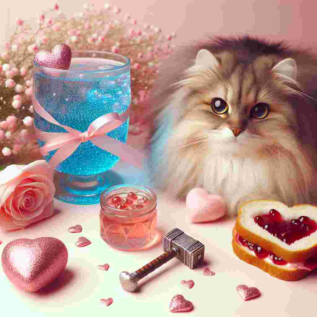 Imagine a soft pastel background that sets the tone for a whimsical Valentine's Day scene. In the center, there is a fluffy, long-haired cat with big, expressive eyes. The cat is holding a heart-shaped sandwich filled with strawberry jam, symbolizing a sweet gesture of love. To the side of the cat, there is a sparkling blue drink, from which tiny bubbles shaped like hearts are emerging, further enhancing the romantic atmosphere. Unexpectedly, among these traditionally romantic items, there's a tiny warhammer. It's decorated with pink ribbons, making it oddly yet charmingly fit into the Valentine's Day theme.
Generated with these themes: Long haired cat, Strawberry jam, Blue drink, and Warhammer.
Made with ❤️ by AI.