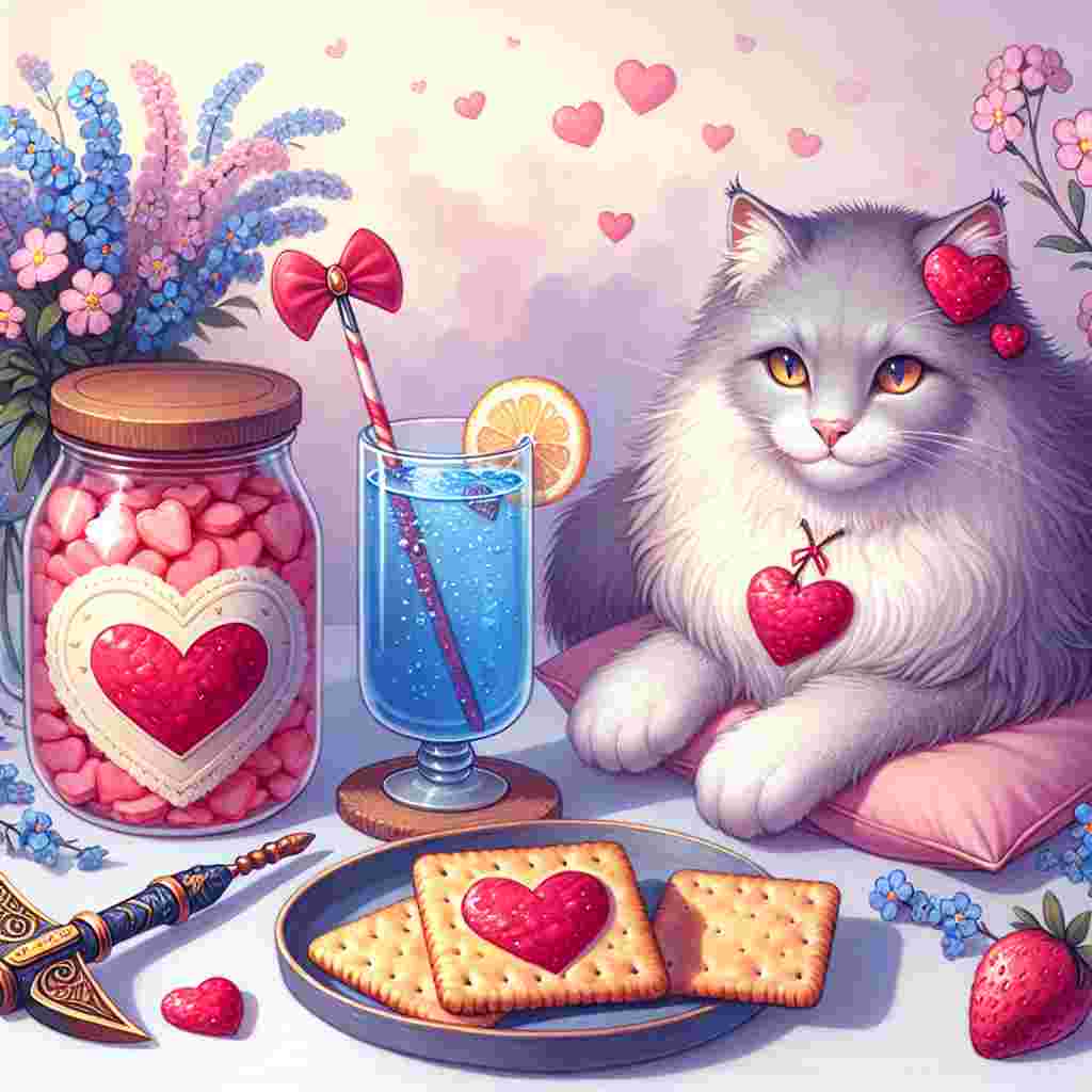 Depict a Valentine's Day scene set against a backdrop of gentle blush and lilac. In the scene, a long-haired cat with a cupid's bow lounges atop a cushion. The cat sits before a heart-adorned jar of strawberry jam that's been partially spread on a cracker, illustrating the delight of sharing. Nearby, a blue drink with a slice of lemon has heart-shaped bubbles steadily rising to the surface. Unexpectedly, a warhammer intricately decorated with forget-me-nots lies near the drink, juxtaposing strength with the day's tender sentiment.
Generated with these themes: Long haired cat, Strawberry jam, Blue drink, and Warhammer.
Made with ❤️ by AI.