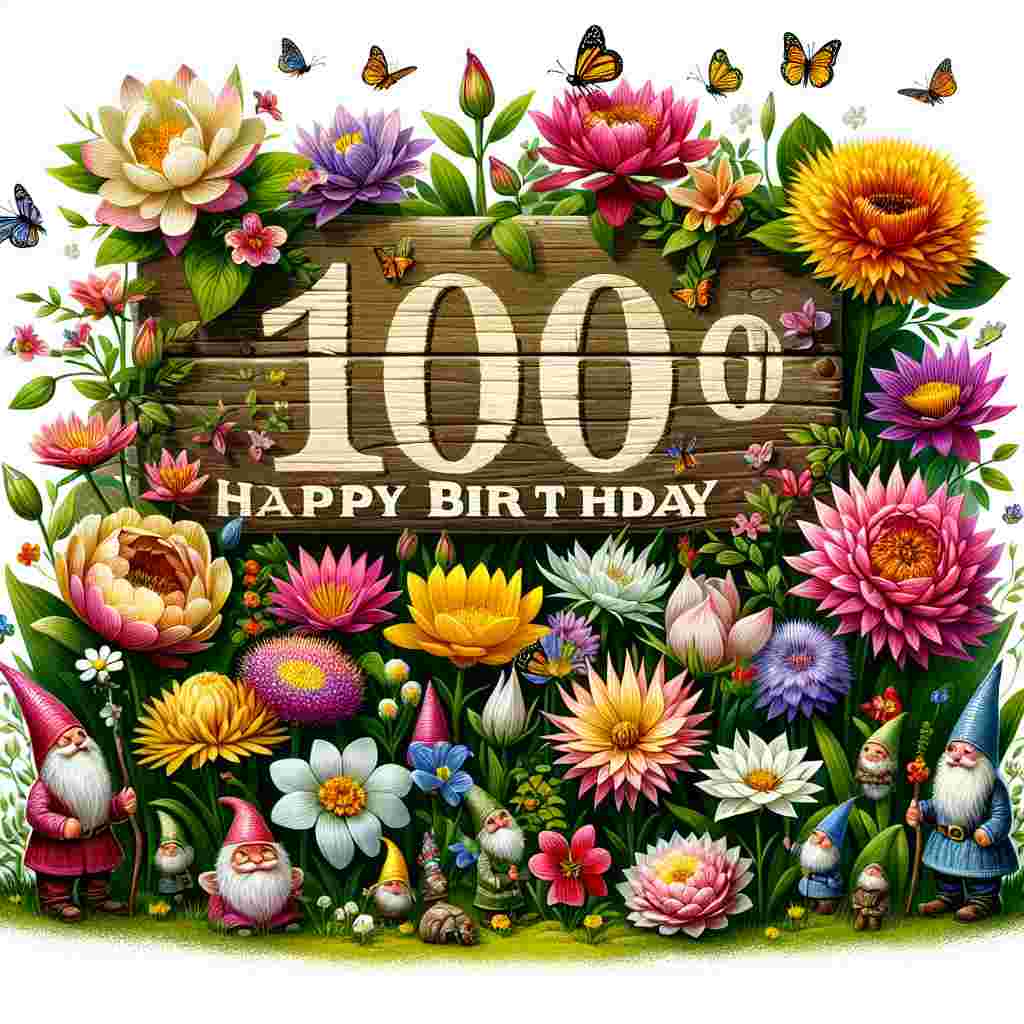 A quaint illustration featuring a garden teeming with flowers that form the number '100th'. Fluttering around the number are butterflies and bees, with 'Happy Birthday' inscribed on a rustic wooden sign, propped up by a family of smiling gnomes.
Generated with these themes: 100th  .
Made with ❤️ by AI.