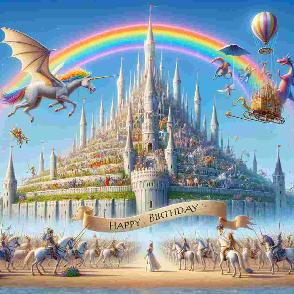 A whimsical depiction of a fantasy land where a towering '100th' stands as a sparkling castle. Joyful mythical creatures, including unicorns and dragons, hold up a 'Happy Birthday' scroll, with a rainbow arcing to connect the turrets of the castle. A festive airship sails above, dropping confetti.
Generated with these themes: 100th  .
Made with ❤️ by AI.