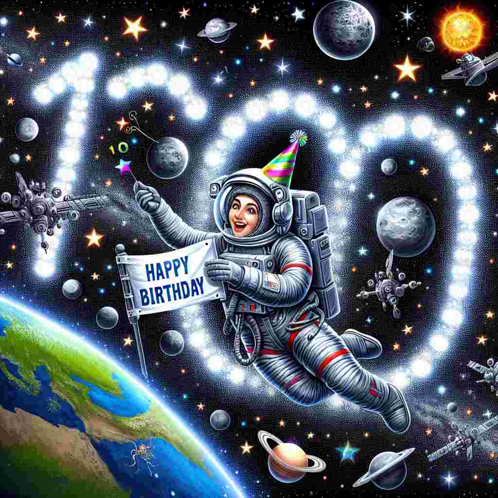 An adorable outer space backdrop where stars and planets align to spell '100th', with a smiling astronaut floating in zero gravity, holding a banner that says 'Happy Birthday'. The earth in the distance wears a party hat, adding a whimsical touch to the celestial scene.
Generated with these themes: 100th  .
Made with ❤️ by AI.