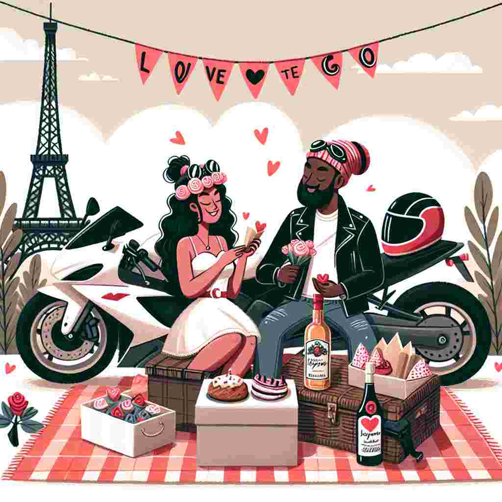 Illustrate a fanciful Valentine's Day setting with two motorbikes stationed at the bottom of the Eiffel Tower, suggesting a romantic journey. A pair, consisting of a Black man and a Hispanic woman, is sitting close by on a picnic mat, sharing a box of sweet treats and a bottle of a popular Irish whiskey, their headgears amusingly decorated with heart motifs. Above them, a streamer that states 'Love on the Go' waves gently in the wind.
Generated with these themes: Motorbikes, Jamesons , Travelling, and Food.
Made with ❤️ by AI.