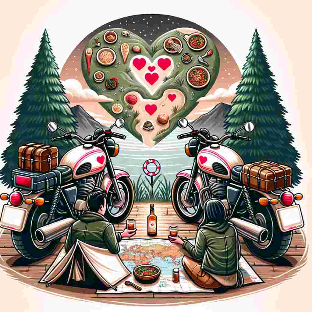 Create an image that captures the spirit of Valentine's Day themed around a travel-loving couple. The image should feature a scenic overlook with two motorbikes, their tanks painted with subtle heart designs. The couple should be depicted holding hands, studying a map that's filled with evidence of the various cuisines they have encountered on their adventures. A small and cozy tent is set up beside them. In front of the tent, a bottle of whiskey and two glasses are set up, symbolizing their shared enjoyment.
Generated with these themes: Motorbikes, Jamesons , Travelling, and Food.
Made with ❤️ by AI.