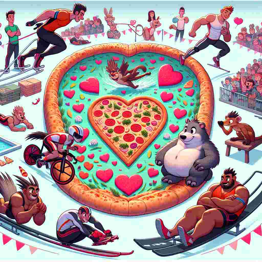 Show a romantic and sporty illustration for Valentine's Day. In the center, there is an enormous pizza with accents of heart-shaped toppings. On top, two quick animated humanoid porcupines with distinct counterpart colors are racing while wearing athletic bands. A third one, whose most noticeable characteristic is his two tails, is following them while riding a bicycle with Valentine-themed wheels. Nearby, another burly humanoid porcupine showcases his swimming skills in the middle of a pool reflecting an outline of Cupid's bow. Elsewhere, the adventurous excitement of luge racing is depicted by different animated characters sliding down a track that's decorated with festive elements. Around, the atmosphere is filled with heartfelt cheers.
Generated with these themes: Running, Cycling, Swimming, Luge, Sonic the hedgehog , Shadow the hedgehog , Knuckles, Tails, and Pizza.
Made with ❤️ by AI.