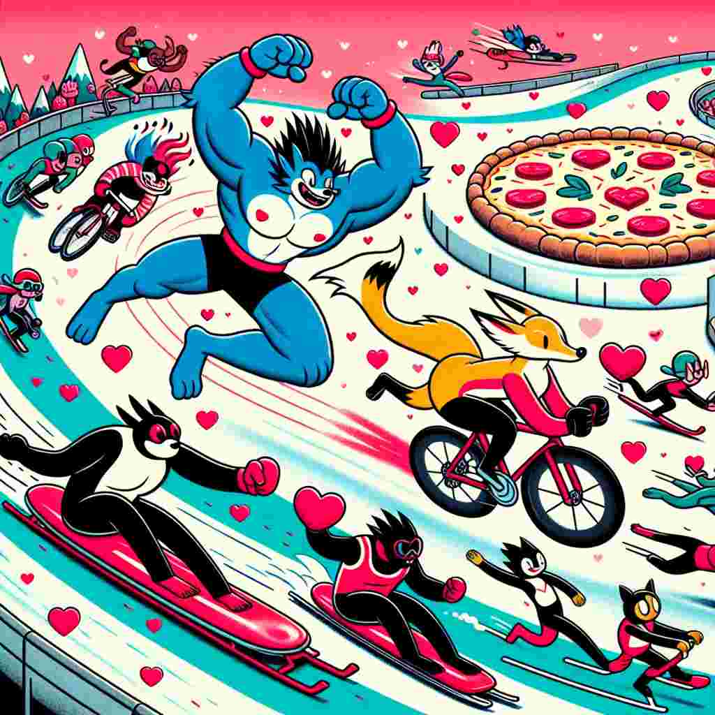 In this Valentine's Day themed illustration, a busy racetrack encircles a heart-shaped pizza at the center. A blue anthropomorphic spike-haired creature, carrying a trail of roses, dashes along the track with a black and red companion, both in a friendly foot race. A strong red bipedal character, equipped with large fists, has a high-spirited cycle race with a two-tailed yellow fox, who flies on his bike with hearts spiraling from his dual tails. Driving the spirit of competition, a community pool is alive with splashes as various anthropomorphic characters showcase their swimming styles. Completing the aesthetic, a luge track extends off the edge, with hearts tracing the icy path.
Generated with these themes: Running, Cycling, Swimming, Luge, Sonic the hedgehog , Shadow the hedgehog , Knuckles, Tails, and Pizza.
Made with ❤️ by AI.