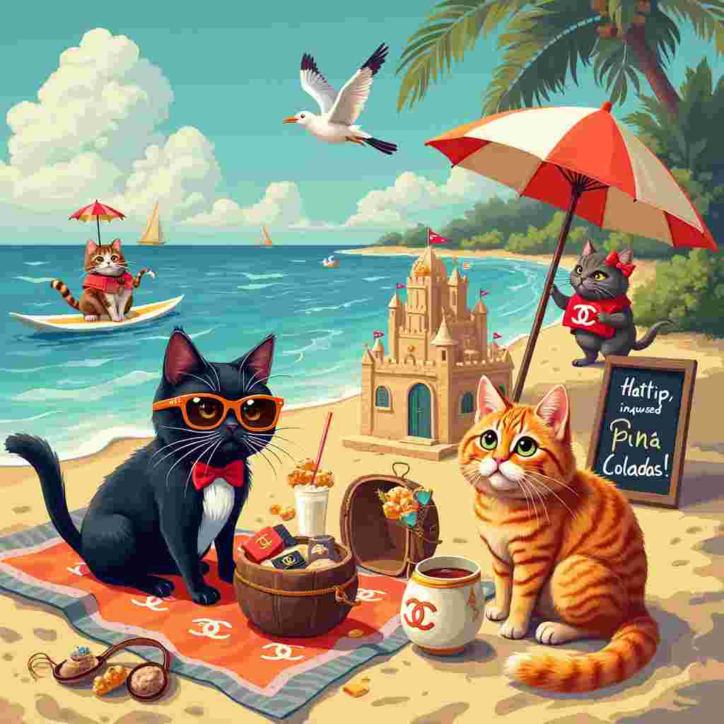 Imagine a sunny beach, where the golden sands meet the sparkling azure waves. At the center of the scene, we have a group of anthropomorphic cats, each one uniquely characterized and brimming with personality. There's a sleek, black cat in oversized, glamorous sunglasses and a straw hat, lounging on a vibrant beach towel patterned with Chanel logos. Next to her, a fluffy orange tabby cat is digging enthusiastically in the sand, trying to unearth a hidden treasure chest that turns out to be filled with miniature Chanel handbags instead of gold.

Nearby, a cool, tuxedo-clad cat stands under a chic beach umbrella decorated with tiny handbags hanging from the edges, sipping from a coconut drink adorned with a colorful cocktail umbrella. The coconut itself has the distinctive double C Chanel logo carved into it. Another playful calico cat is seen riding a surfboard in the background, catching a wave while wearing a tiny life vest with a Chanel print.

On the side, there’s a sandcastle competition in progress. One castle, built by a team of cats, is intricately designed to resemble the iconic Chanel boutique, complete with sand-crafted handbags displayed in the "windows". A sign next to the sandcastle reads, "Happy Birthday, Fashionista!" in whimsical, hand-drawn letters.

In the sky, a seagull with a cat's face flies by, carrying a Chanel handbag in its beak as if delivering a special birthday gift. To add a touch of humor, a nearby beach kiosk advertises "Catnip-infused Pina Coladas" on a colorful chalkboard.

All the elements combine to create a vibrant, dynamic birthday scene that tells a quirky, charming story, perfectly blending the themes of Chanel handbags, beach holidays, and cats.
Generated with these themes: chanel hangbags, beach holidays and cats.
Made with ❤️ by AI.