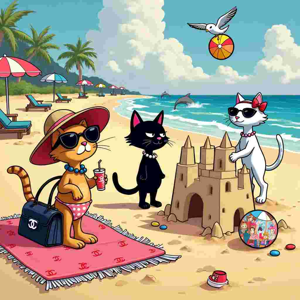 In the whimsical and sunny scene, we find ourselves on a bustling beach that is dotted with colorful beach umbrellas and beach chairs. In the foreground, a trio of stylish cats are the stars of the show. These cats are anthropomorphic, standing upright and dressed in haute couture beachwear that echoes Charles Schulz's Peanuts in simplicity but adds a Disney-esque flair in detail.

To the left, a tabby cat named Chanel is lounging on a bright pink beach towel patterned with tiny Chanel logos. She's wearing oversized sunglasses and a wide-brimmed sun hat, and beside her is a luxurious Chanel handbag, slightly open to reveal cat treats and a small bottle of sunscreen. Her claws are painted in a fashionable shade of red, and she's holding a tiny drink with an umbrella in it, a nod to Bill Watterson's quirky humor.

In the center, a black cat named Coco is mid-leap, trying to catch a beach ball that has been tossed by a seagull perched on a nearby beach hut. The seagull, channeling Gary Larson's The Far Side, has a mischievous glint in its eye. Coco’s stylish beachwear includes a retro polka dot swimsuit and a matching headband. The beach ball features a montage of classic comic strip characters, paying homage to Hergé’s Tintin and Osamu Tezuka’s manga characters.

To the right, a white cat named Bijou is constructing an elaborate sandcastle, inspired by the architectural marvels in Winsor McCay’s Little Nemo in Slumberland. This sandcastle has turrets and intricate designs, and Bijou's Chanel handbag sits at the castle's entrance, doubling as a makeshift drawbridge. She’s wearing a chic sarong and has a pearl necklace around her neck, giving a nod to R. Crumb’s underground comix with her quirky yet fashionable ensemble.

In the background, the ocean waves roll gently, where dolphins can be seen playfully jumping out of the water, adding an element of motion reminiscent of Art Spiegelman’s dynamic compositions. A beach vendor cart is also present, selling fish-shaped ice creams, a playful twist inspired by Will Eisner’s graphic novels.

This detailed scene combines all the requested themes—Chanel handbags, beach holidays, and cats—into a quirky and visually engaging birthday card cover, rich with elements that offer something new to discover with each glance.
Generated with these themes: chanel hangbags, beach holidays and cats.
Made with ❤️ by AI.