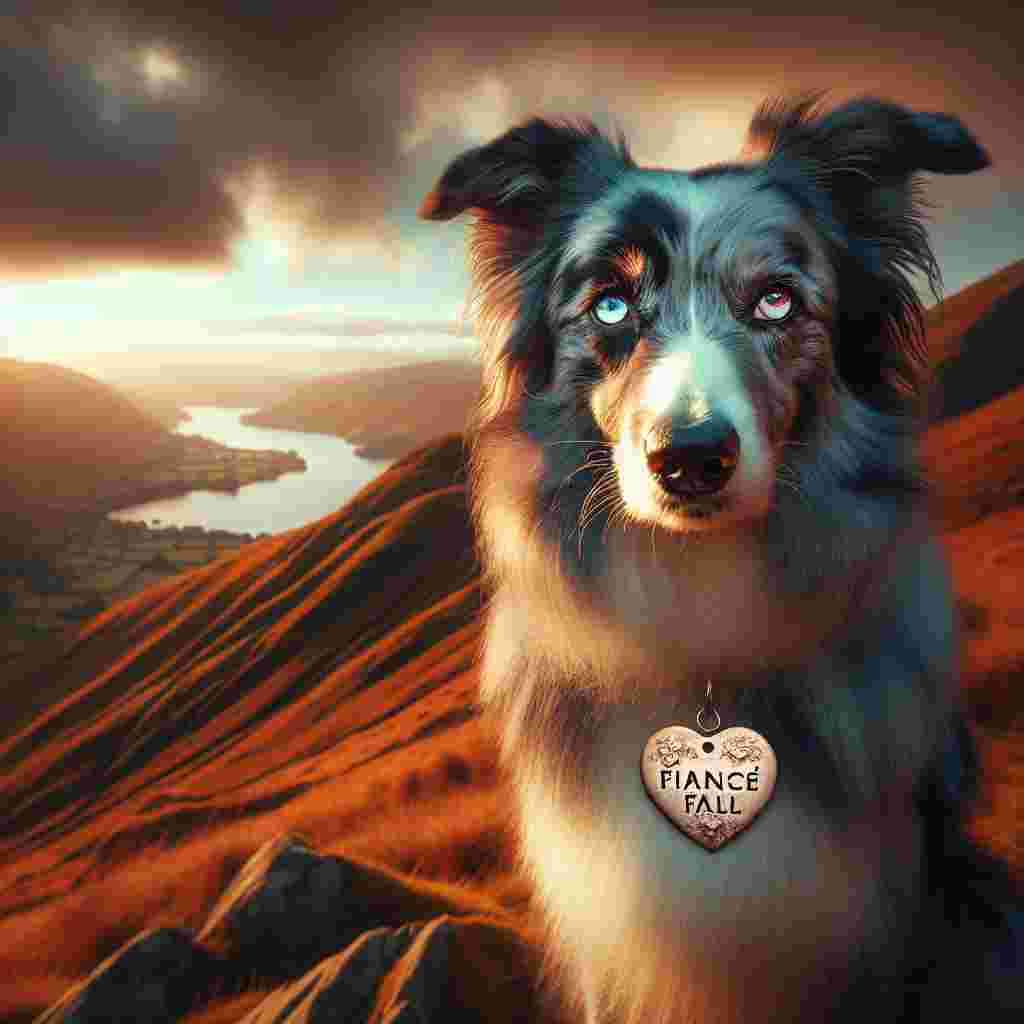 A beautifully romantic depiction of Valentine's Day with a hint of adventure. In the foreground, a blue merle Border Collie is situated. This striking creature, exuding an air of pure affection from its captivating eyes, sits atop one of the Wainwrights Fells, a natural marvel in its own right. This scenic vista is bathed in the gentle tones of an impending sunset, amplifying the overarching romantic aura. To further symbolize the notions of loyalty and future shared experiences, the canine boasts a heart-shaped tag with 'Fiancé' etched upon it.
Generated with these themes: Blue merl border collie, Being a fiancé , and Wainwrights fells.
Made with ❤️ by AI.