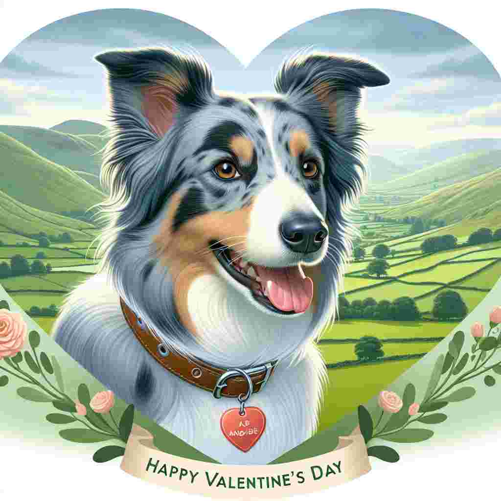 Generate a Valentine's Day illustration showcasing a blue merle Border Collie with a gentle smile. The dog is positioned in the green, lush environment of Wainwrights Fells. To symbolize its role as a beloved pet of a betrothed couple, the Collie is wearing a collar with a tag that has the couple's initials inscribed on it. The backdrop includes a beautiful landscape of rolling hills that provides a romantic ambiance.
Generated with these themes: Blue merl border collie, Being a fiancé , and Wainwrights fells.
Made with ❤️ by AI.