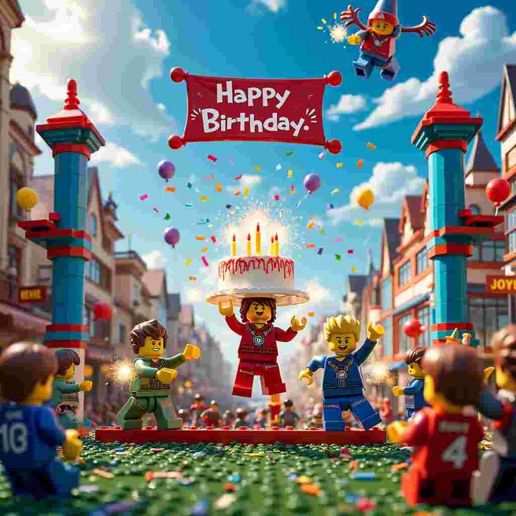 In a bustling and vibrant Lego-themed town, the sun shines brightly with a touch of magic as multicolored confetti floats in the air. The main street is filled with Lego buildings and cheerful minifigures, but all eyes are on a grand, whimsical stage set in the town square. 

On this stage, three Lego Ninjago characters—each striking a dynamic pose—stand ready to perform a magical show. Their outfits are detailed with intricate patterns and colors: red, blue, and green, adorned with tiny, sparkly magic runes. Their hands are glowing with a mystical energy that swirls around them, creating an enchanting light show.

Just in front of the stage, a lively football game is in progress. Lego minifigures dressed in brightly colored football kits, red and blue, are mid-action, with a soccer ball made of translucent, enchanted Lego bricks that seem to shimmer with every kick. The players' faces are filled with excitement and determination, and one player is mid-kick, about to score a fantastic goal.

Above the stage, a large, cheerful banner reads "Happy 6th Birthday Reuben, Louie, Joey!" The banner is strung between two tall Lego towers and flutters as though touched by a gentle breeze. Bright balloons in the shapes of magical creatures—dragons, unicorns, and phoenixes—float nearby, adding to the festive atmosphere.

In the background, the sky is a brilliant blue with fluffy white clouds that spell out "Happy Birthday" in a whimsical, almost cartoonish script. A majestic, Lego-built magician hovers among the clouds, waving a wand and sending sparkles cascading down onto the scene below.

At the very center, a large birthday cake built from colorful Lego bricks sits on a pedestal, with six enchanted, glowing candles that twinkle and flicker as if alive. The cake is decorated with football motifs, Ninjago symbols, and magical elements, bringing together all the themes in one delicious masterpiece.

This vibrant, intricate scene combines the joy and playfulness of a Lego world with the action-packed excitement of Ninjago, the enchanting allure of magic, and the thrill of football—all while celebrating the special occasion of Reuben, Louie, and Joey's 6th birthday.
Generated with these themes: Ninjago, Lego, Magic, Football, and 6.
Made with ❤️ by AI.