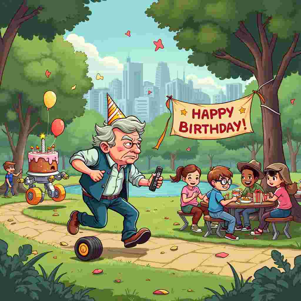 In the bustling, vibrant setting of a city park, a hilarious and chaotic birthday scene unfolds. Picture a middle-aged man named Bob, wearing a party hat that’s comically too small for his head, sprinting at full tilt across a grassy expanse. His face is a mix of sheer panic and determination. Behind him, an out-of-control robotic birthday cake with wheels and sparklers is hot on his heels. The cake, programmed for fun but gone awry, has a slightly deranged expression thanks to the icing that formed accidental eyes and a crooked mouth. 

Children and adults alike are scattered around, laughing and pointing. On the right, a group of friends and family are gathered near a picnic table overloaded with birthday presents, half-eaten snacks, and colorful decorations. One of them, a mischievous teenager, holds a remote control, clearly the culprit behind the cake’s wild behavior.

The backdrop includes lush green trees, a picturesque pond with a couple of ducks, and a playground where kids are momentarily distracted by the spectacle. There are balloons tied to the park benches and a large, hand-painted banner strung between two trees that reads, "Happy Birthday, Bob!" with letters starting to peel off.

Running parallel to Bob, a tiny, yappy dog on a leash is trying to keep up with its amused owner, a lady with a wide-brimmed hat and oversized sunglasses. She’s clearly entertained by the chaos. 

To add to the humor, in a speech bubble above Bob's head, he’s cussing out in frustration, using cartoonish symbols like “#@$%!” to keep it light-hearted. The entire scene is a dynamic blend of laughter, mayhem, and birthday cheer, capturing a moment of hilarious pandemonium that’s perfect for a birthday card cover.
Generated with these themes: Running cussing.
Made with ❤️ by AI.