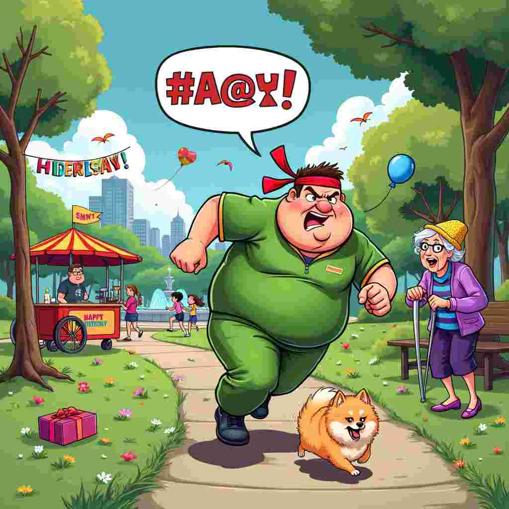 The front cover of the birthday greeting card showcases a hilarious and lively scene in a vibrant city park. A portly man, clad in a bright green tracksuit and red headband, is desperately sprinting away from a small but tenacious Pomeranian, its fluffy fur a whirlwind of motion. The man's face is flushed and contorted in a mix of determination and panic, with sweat flying off his furrowed brow. Above his head, a cartoon-style speech bubble bursts with a censored cuss word ("#@%&!") as he glances nervously over his shoulder at the tiny terror.

Behind the man, an elderly lady with oversized glasses, a purple cardigan, and a knitted yellow hat stands next to a park bench, shaking her cane and yelling after the mischievous Pomeranian. To the side, a vendor at a hot dog cart, wearing a striped apron and a jaunty paper hat, watches the commotion with an amused grin, holding a half-eaten hot dog.

In the background, the park is bustling with activity: children flying kites, a couple jogging hand-in-hand, and a group of teenagers laughing around a fountain. The park's lush greenery is dotted with colorful flowers, and the trees are in full bloom, casting dappled shadows across the scene. The sky is a brilliant blue with fluffy white clouds, and a few birds can be seen soaring above.

Scattered throughout the scene are birthday-themed elements subtly integrated into the chaos: a brightly wrapped gift box lying forgotten on the ground, a balloon tied to the hot dog cart, and a banner strung between two trees that reads, "Happy Birthday!" in festive, multicolored letters. The overall effect is a snapshot of a birthday gone wonderfully awry, filled with humor and a sense of delightful pandemonium.
Generated with these themes: Running cussing.
Made with ❤️ by AI.