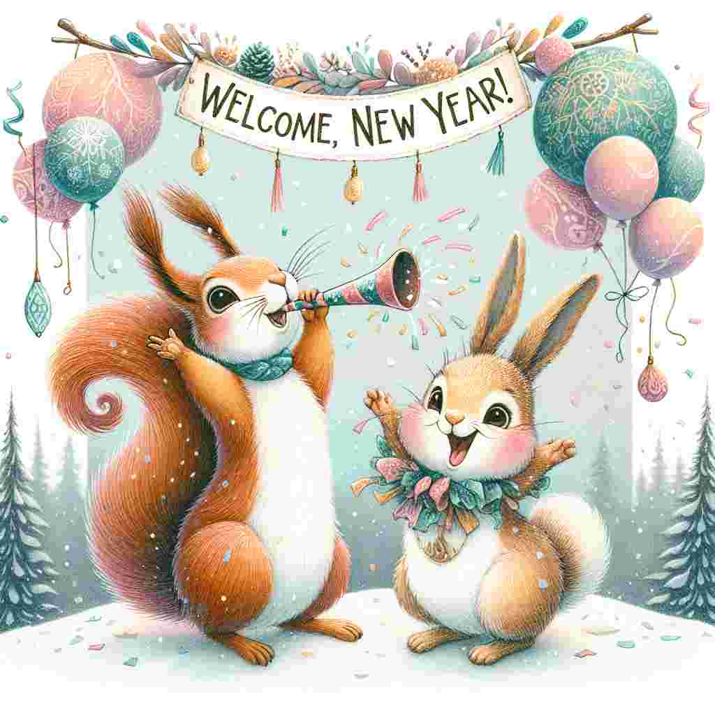 An endearing illustration depicts two whimsical forest creatures, a spirited squirrel and an elated rabbit, celebrating the New Year in a snow-covered landscape. The squirrel, embodying a playful personality, merrily throws confetti into the air, while the rabbit, rendered with a sense of elation, blows a party horn. They stand under a hanging banner that proclaims 'Welcome, New Year!' amid pastel-hued balloons and a motif with glistening snowflakes. This illustration personifies their strong bond and the joy they feel as they embrace the prospect of fresh beginnings the new year offers.
Generated with these themes: Ian, and Alan.
Made with ❤️ by AI.