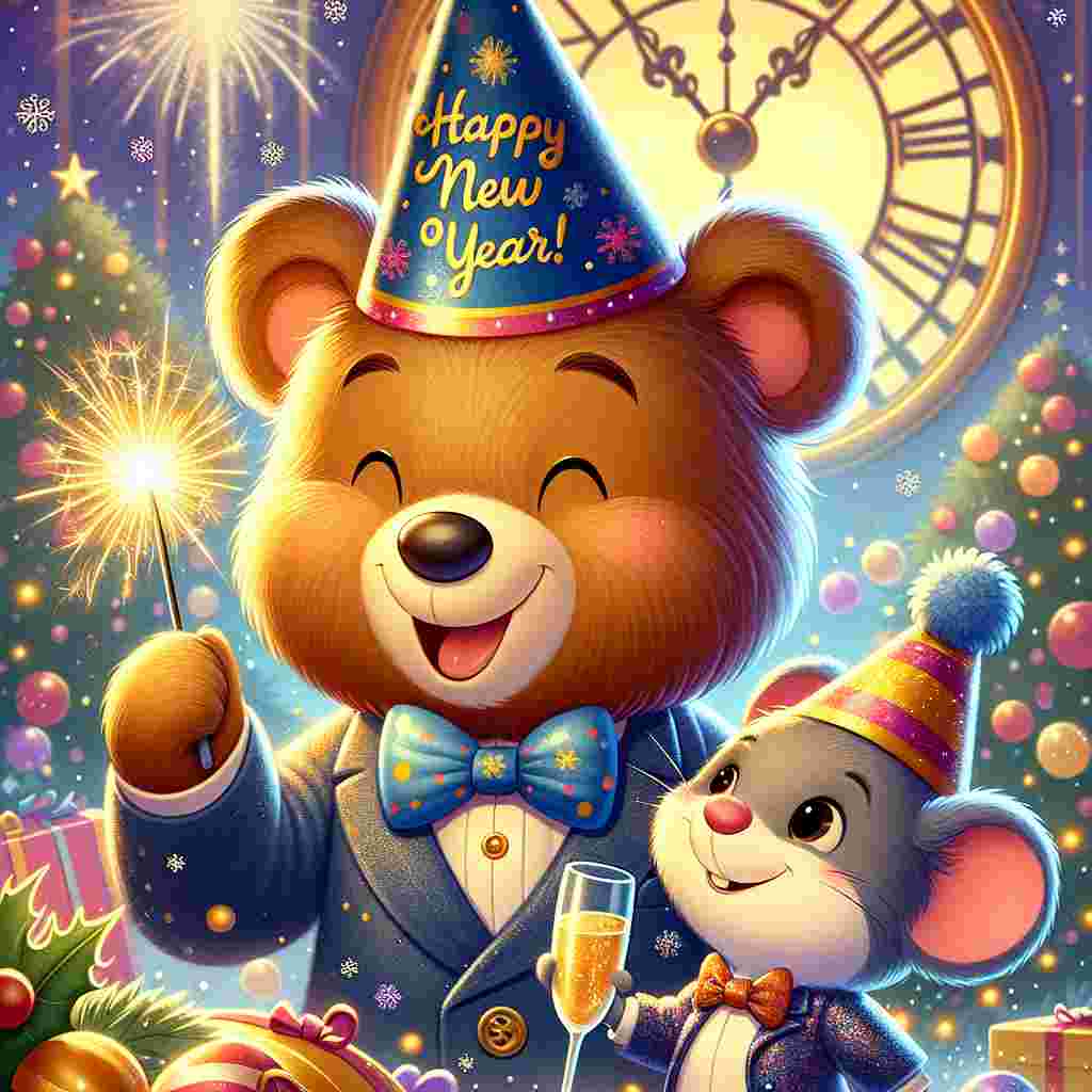 This image is a festive illustration for New Year's Eve. It features Ian, an endearing cartoon bear who radiates joy. Beaming with mirth, Ian is dressed in a party hat with the words 'Happy New Year' emblazoned on it and holds a champagne flute in a celebratory toast. Beside him, a delightful cartoon mouse named Alan is seen adding to the festivity of the scene. He is seen wearing a colorful bow tie to mark the occasion and holds a sparkler. This sparkler casts a warm, beckoning glow and whimsical sparkles that envelop the duo. All around them, a soft shower of snowflakes brings a winter charm to the new year's setting. In the background, a grand clock can be seen striking midnight. The colors used throughout the illustration are vibrant, embodying an atmosphere of celebration and building a sense of anticipation for the new year.
Generated with these themes: Ian, and Alan.
Made with ❤️ by AI.