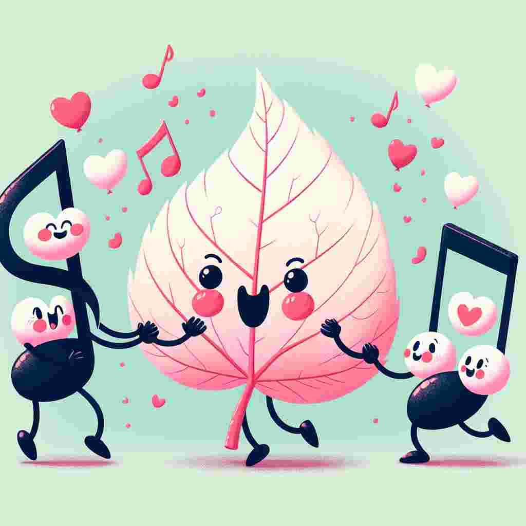 A playful illustration featuring anthropomorphic musical notes, holding hands and dancing merrily around a giant, blushing leaf of unidentified origin, adorned with pink and red hearts. The jovial musical notes and the excited leaf are set against a pastel background, dotted with subtle heart-shaped balloons. This scene effortlessly captures the joyous and humorous spirit of Valentine's Day.
Generated with these themes: Music, Weed, and Funny.
Made with ❤️ by AI.