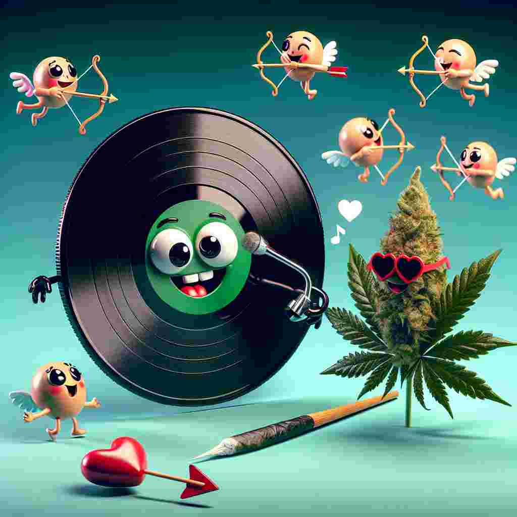 Render an image featuring a cartoonish and cheerful vinyl record, equipped with expressive eyes and a mouth, delightfully singing a romantic tune to a somewhat bashful cannabis plant. There are humorous miniature cupids flying scattered, each equipped with arrows identical to a 'joint'. By incorporating surrounding elements such as fluffy heart-shaped clouds, establish an amusing and playful atmosphere for the representation of a Valentine's Day brimming with chuckles and affection.
Generated with these themes: Music, Weed, and Funny.
Made with ❤️ by AI.