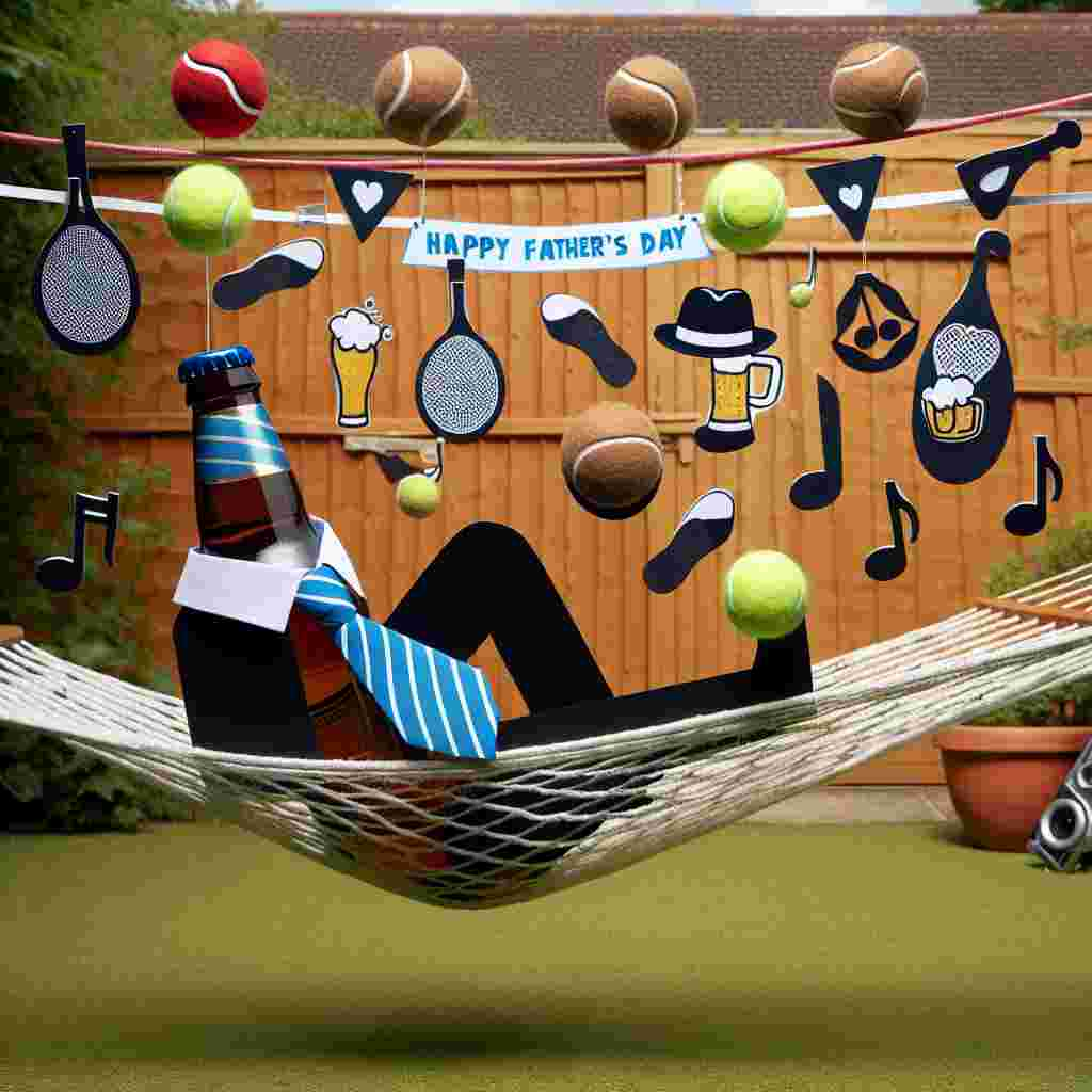 A charming image of a backyard scenery filled with affectionate father-theme elements but no visible human presence. We see an animated beer bottle dressed in a necktie, relaxing comfortably in a hammock stretched between two colossal tennis rackets. Floating above are jovial music notes, each adorned with a unique patriarchal accessory such as a bowler hat or eyeglasses, seemingly emanating a harmonious tune. Above all, a banner that reads 'Happy Father's Day' is displayed, artistically integrated with miniature tennis balls and six-pack rings elements. The image playfully celebrates Father's Day, hinting at the joy and leisure activities that could occur when the father is free for the day.
Generated with these themes: Beer, Tennis, and Music.
Made with ❤️ by AI.