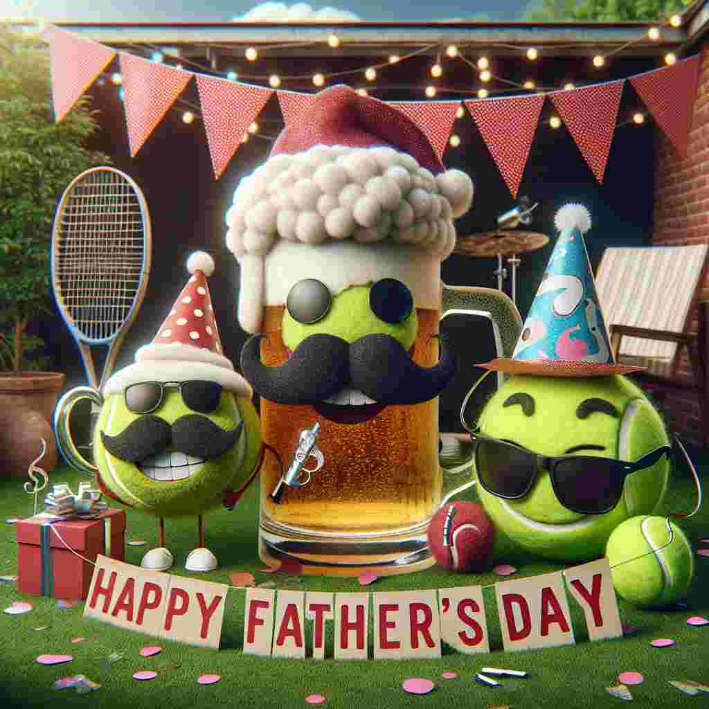 The image is a depiction of a cozy backyard filled with festive vibes in honor of Father's Day. The scene is dominated by a trio of large, anthropomorphic objects: a smiling beer mug with a foam mustache, a full-of-life tennis ball adorned with a festive hat, and a cool pair of musical notes wearing sunglasses. They are involved in a funny and celebratory dance around a 'Happy Father's Day' banner, while smaller tennis rackets and musical notes are hung around as playful decorations. Confetti is scattered across the grass and party streamers are wrapped around the legs of a few garden chairs, adding to the joyful, whimsical atmosphere of the day dedicated to celebrating fathers.
Generated with these themes: Beer, Tennis, and Music.
Made with ❤️ by AI.