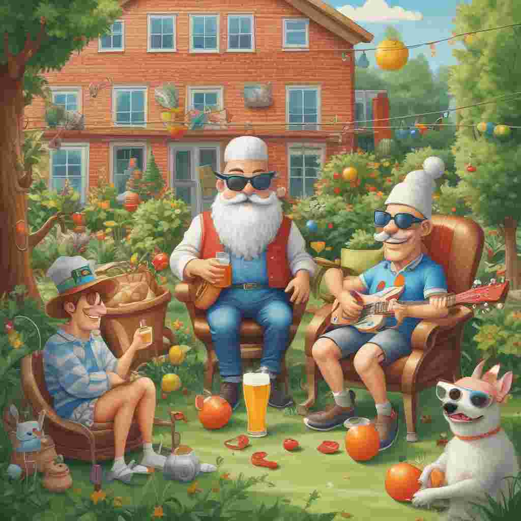 Illustration Funny, The image is a depiction of a cozy backyard filled with festive vibes in honor of Father's Day. The scene is dominated by a trio of large, anthropomorphic objects: a smiling beer mug with a foam mustache, a full-of-life tennis ball adorned with a festive hat, and a cool pair of musical notes wearing sunglasses. They are involved in a funny and celebratory dance around a 'Happy Father's Day' banner, while smaller tennis rackets and musical notes are hung around as playful decorations. Confetti is scattered across the grass and party streamers are wrapped around the legs of a few garden chairs, adding to the joyful, whimsical atmosphere of the day dedicated to celebrating fathers.
Generated with these themes: Beer, Tennis, and Music.
Made with ❤️ by AI.