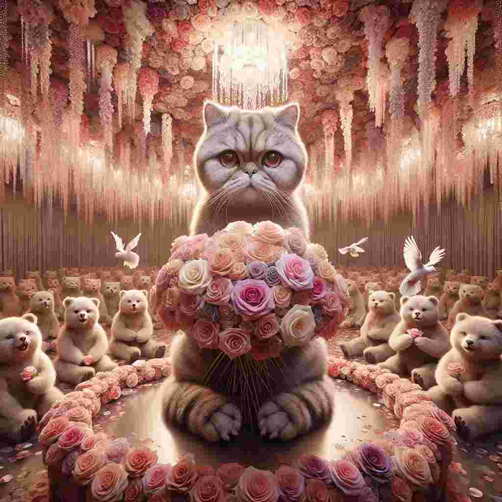 Visualize a grandiose and breathtaking chamber where reality appears to be artfully twisted. Sitting in the middle is a mesmerizing exotic shorthair feline with profound, loving eyes, cradling a bouquet of brilliantly resplendent flowers, their petals appearing to twirl in a graceful dance in mid-air. Encircling this cupid-like cat are mild-mannered bears, as soft-hearted as doves, each gently holding a rose between their teeth, adding an aura of passion and tenderness that fills the room. The overall ambience bathes in an ethereal glow, resonating with soulful warmth, all set against the gentle tones of an enchanting Valentine's Day.
Generated with these themes: Exotic short hair cat, Bear , and Flowers .
Made with ❤️ by AI.