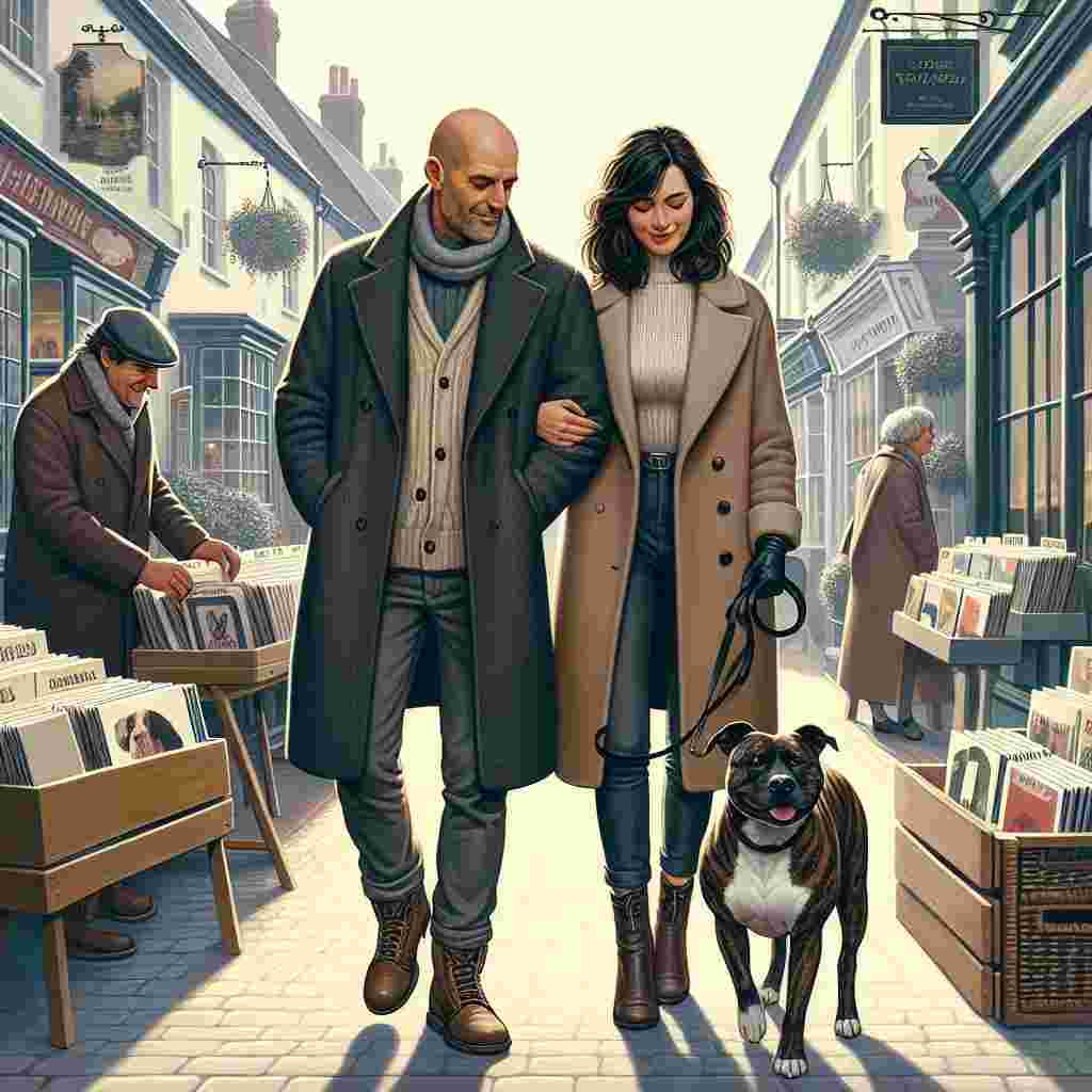 Depict a quaint street in an English market town. The scene illustrates a romantic setting appropriate for Valentine's Day. The core of the image is a middle-aged Caucasian couple in their mid-50s demonstrating love and togetherness. The man is bald, slim, and dressed in a warm winter coat. His partner is a brunette woman with shoulder-length hair and a fuller figure, also wrapped up warmly in a coat. They walk together, accompanied by their brindle Staffordshire bull terrier. The dog's leash swings subtly as they browse through a selection of vinyl records, a shared pastime that strengthens their bond of affection.
Generated with these themes: White middle aged couple, mid 50s. bald headed man, clean shaven, slim build. brunette shoulder length hair lady, chubby. wearing coats. with brindle Staffordshire bull terrier dog, Buying vinyl records, English market town, Walking, and Love.
Made with ❤️ by AI.