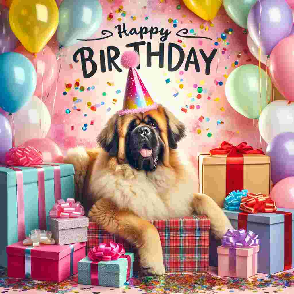 A cheerful birthday illustration depicts a fluffy Mastiff wearing a party hat, resting beside a mountain of colorful gifts. Balloons and confetti float in the background as the words 'Happy Birthday' are written in bold, playful letters above.
Generated with these themes: Mastiff  .
Made with ❤️ by AI.