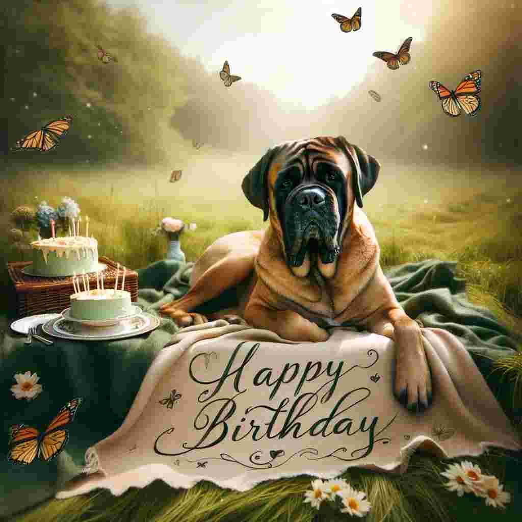 A serene birthday illustration showcases a majestic Mastiff lying on a grassy field. A birthday picnic is spread out with a 'Happy Birthday' message written on a blanket in elegant cursive, complemented by a gentle sky and floating butterflies.
Generated with these themes: Mastiff  .
Made with ❤️ by AI.