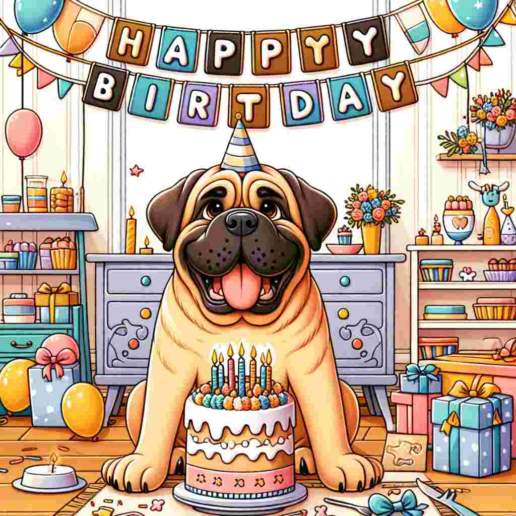 This birthday scene features a cartoon Mastiff with a big grin, sitting amid a festive setting with a birthday cake in front. 'Happy Birthday' is spelled out with cute bone-shaped letters, draped across the top as a banner.
Generated with these themes: Mastiff  .
Made with ❤️ by AI.