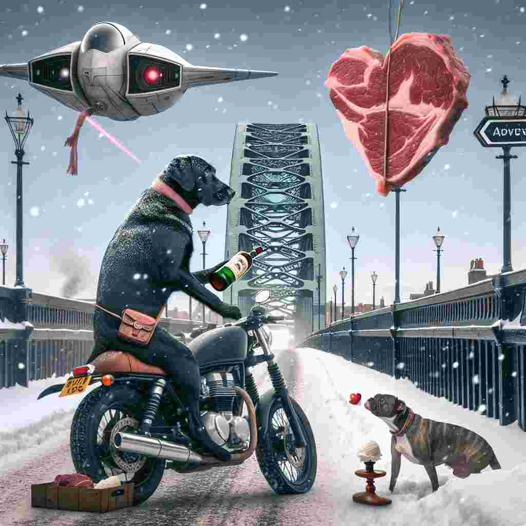 In this whimsical Valentine's Day scene, a rebellious black Labrador is seen straddling a motorbike on the snow-covered Tyne Bridge, a whiskey bottle humorously held as if about to take a sip. Beside the dog, a heart-shaped steak appears to be dangling, indicating a budding romantic pursuit. Flying high above amid falling snowflakes is a futuristic space fighter craft, adding an unusual twist with the hint of the steak-shaped valentine. On the bridge's footpath, an intrigued extraterrestrial creature tentatively savors some vanilla ice cream, adding a touch of intergalactic love to the tableau.
Generated with these themes: Black Labrador riding a motorbike and drinking whiskey, Tyne bridge, Heart shaped steak, X Wing, Whiskey, Snow, Alien, and Vanilla ice cream.
Made with ❤️ by AI.