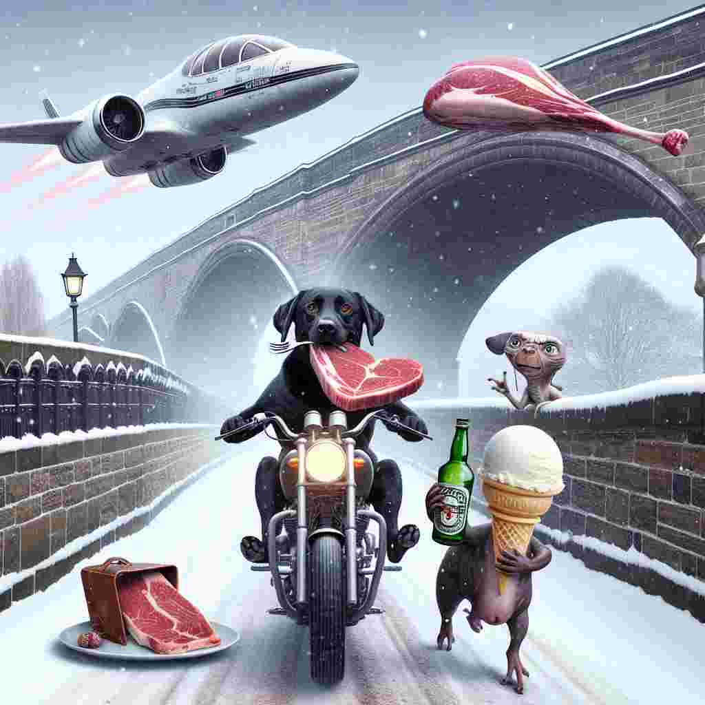 Create an image showing a whimsical phenomena taking place on Valentine's Day. Start with a black Labrador with a playful smile, riding a motorbike across a well-known, arched stone bridge. The dog is carrying a bottle of whiskey in its mouth. Behind the dog, snow is falling softly, setting a wintry scene. Above in the sky, a sci-fi inspired jet airplane is pulling a heart-shaped steak, which is unusual but is kinda a declaration of love. On the ground, a being from another world shares a compassionate moment with their partner, offering them a scoop of vanilla ice cream, integrating extra-terrestrial love with a sprinkling of oddity.
Generated with these themes: Black Labrador riding a motorbike and drinking whiskey, Tyne bridge, Heart shaped steak, X Wing, Whiskey, Snow, Alien, and Vanilla ice cream.
Made with ❤️ by AI.