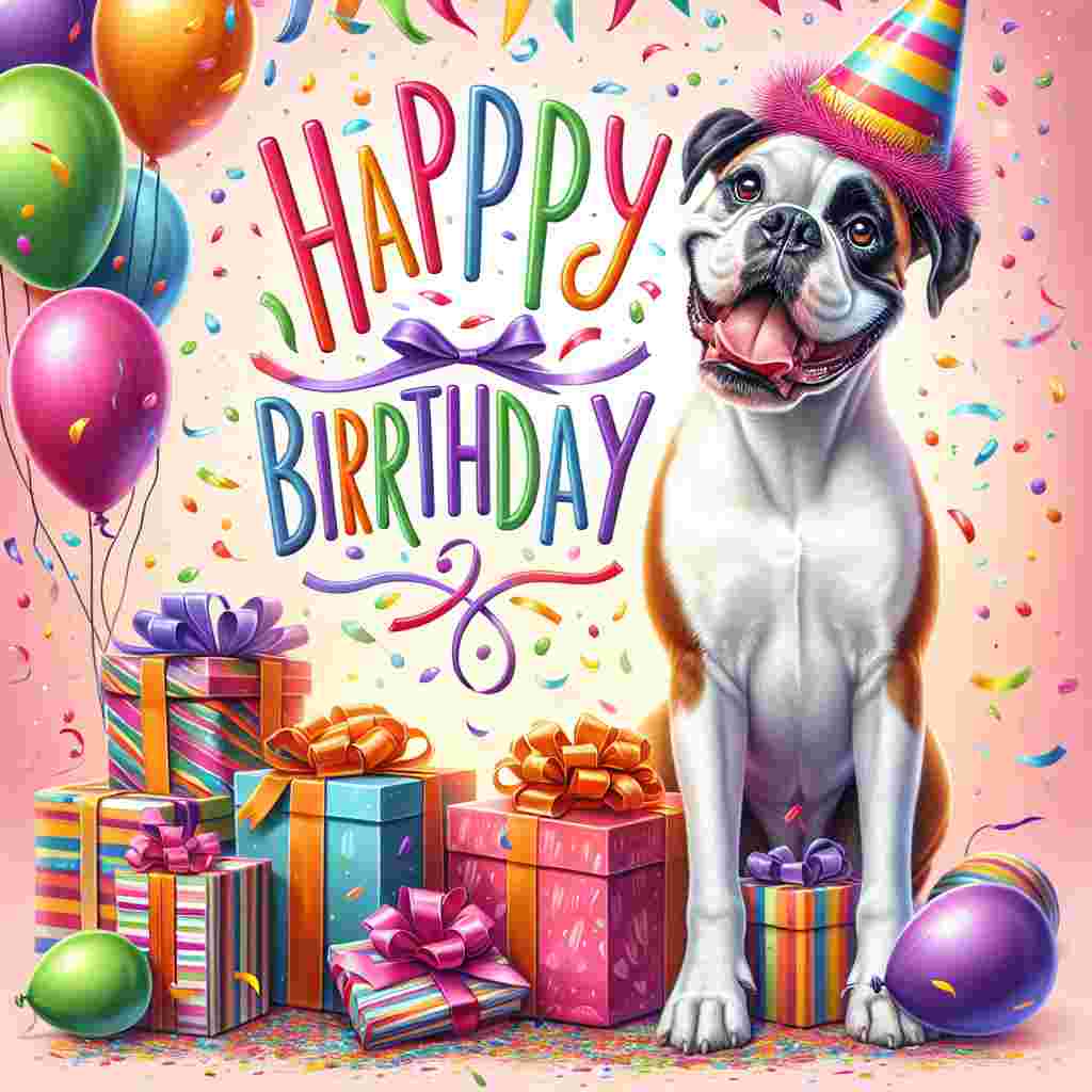 A cheerful illustration features a playful boxer dog wearing a colorful party hat amid a background of balloons and confetti. The dog is happily sitting next to a pile of wrapped gifts, with the words 'Happy Birthday' floating above in a fun, whimsical font.
Generated with these themes: Boxer  .
Made with ❤️ by AI.