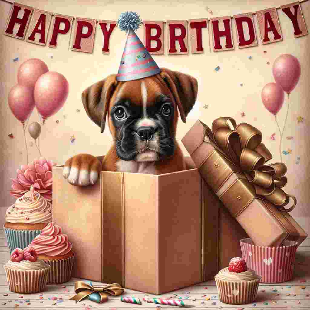 In this heartwarming scene, a cute boxer puppy is peeking out of a large gift box adorned with a bow. The puppy has a tiny party hat on, and there are cupcakes and a birthday banner in the background. The festive 'Happy Birthday' message is written in bold letters at the top.
Generated with these themes: Boxer  .
Made with ❤️ by AI.