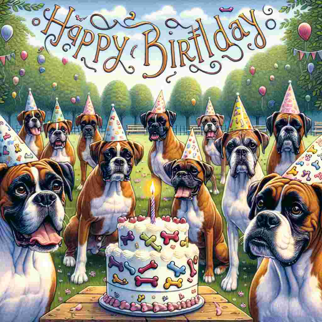 A group of boxer dogs are gathered around a birthday cake in a park setting, all wearing party hats. The cake is decorated with bones and has a single candle. Above the cheerful canine gathering, the text 'Happy Birthday' is scripted in a playful, flowing style.
Generated with these themes: Boxer  .
Made with ❤️ by AI.