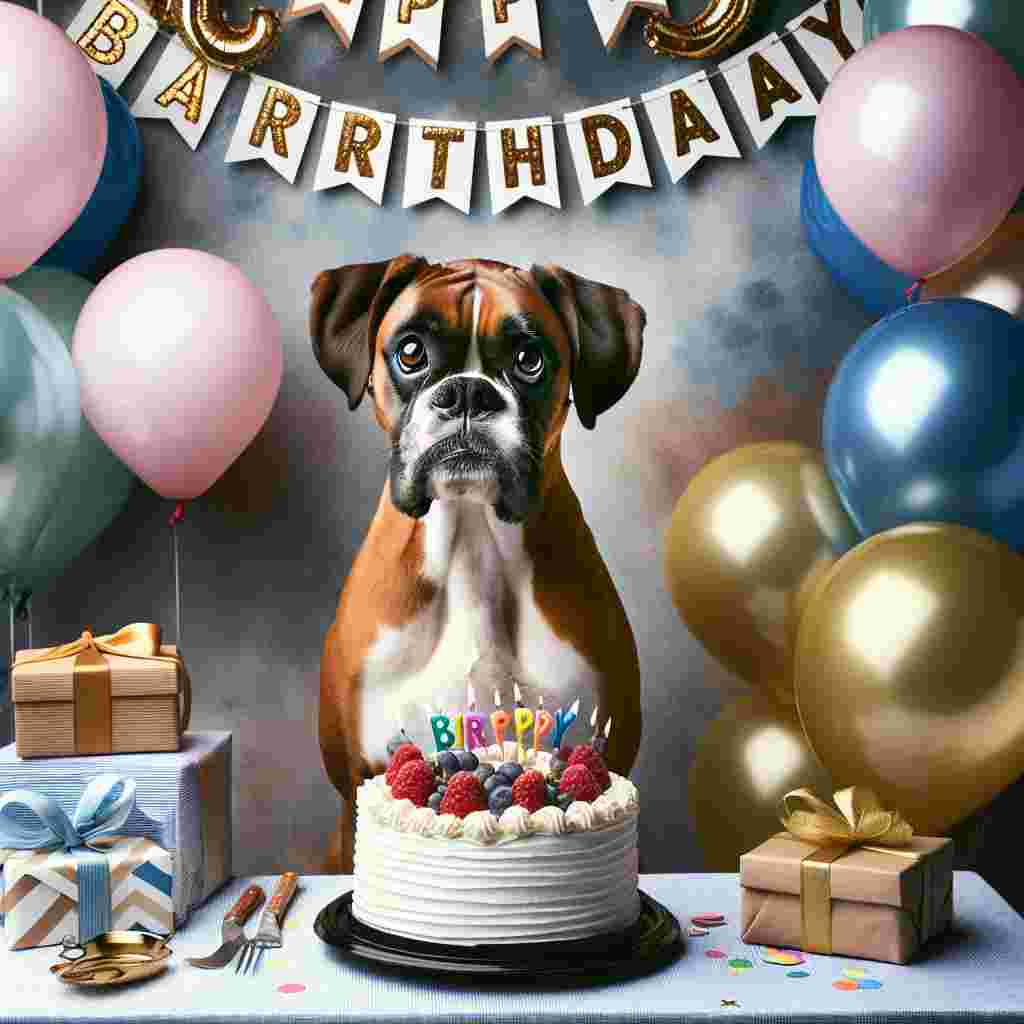 The illustration shows a single, adorable boxer dog with big, soulful eyes sitting in front of a birthday cake on a table, surrounded by presents and balloons. The scene is made even more festive with a banner that reads 'Happy Birthday' draped in the background, matching the party's color scheme.
Generated with these themes: Boxer  .
Made with ❤️ by AI.