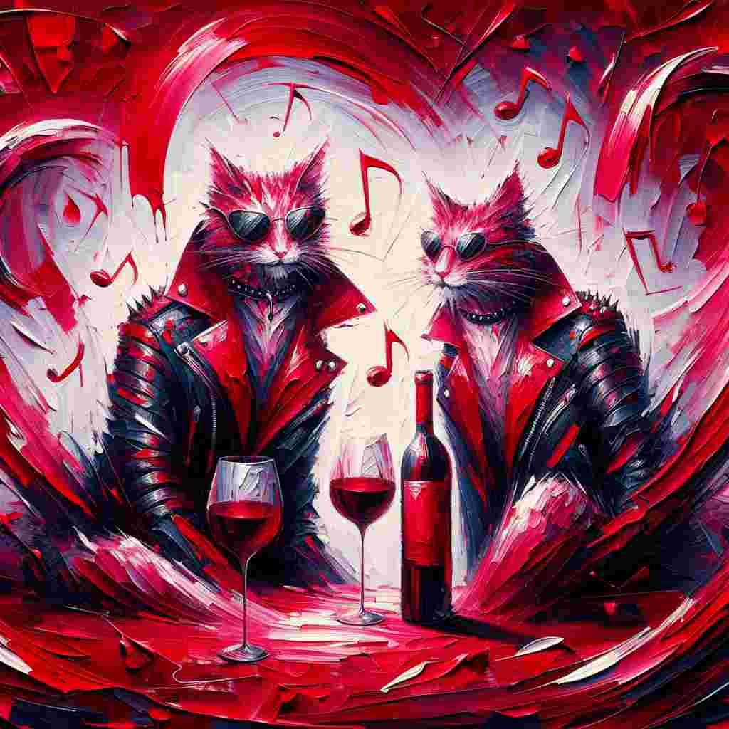 This abstract interpretation captures a unique Valentines Day scenario. Envision punk rock cats, clad in their finest leather jackets, sharing a bottle of crimson red wine. The elegant strokes depicting their bodies seem to dissolve into the canvas in a dreamy fashion. The scene is drenched in bold and vigorous red strokes, mirroring the rich color of the wine. Abstract symbols portraying music notes are scattered around in a seemingly haphazard manner, suggesting an untamed, syncopated dance by the cats. The overall atmosphere is electric, charged with passion and a rebellious spirit, culminating in a surreal, yet intimate, celebration of love.
Generated with these themes: Cats, Punk rock, Red wine, Music, and Dancing.
Made with ❤️ by AI.
