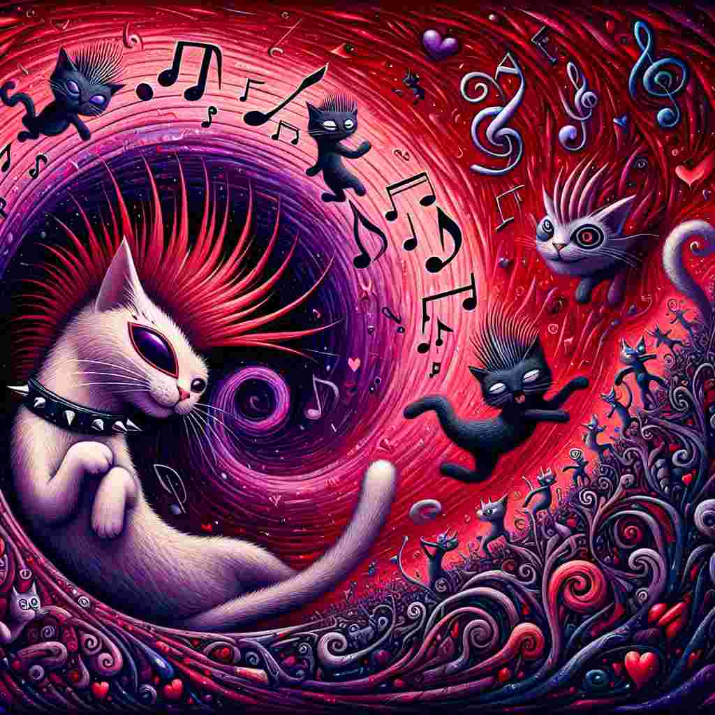 Picture an enchantingly surreal Valentine's Day scene. In this amusing twist, cats with punk rock mohawks and studded collars perform an anti-gravity dance, defying the norms of physics. The background swirls with an intoxicating palette of deep red and purple hues, evoking the richness of red wine. Abstract, fanciful music notes and clefs twirl around this scene, asserting the omnipresence of music. This art pulses with an electric energy, reflective of the punk rock vibe, compelling all elements in the frame to join this endless and entrancing dance.
Generated with these themes: Cats, Punk rock, Red wine, Music, and Dancing.
Made with ❤️ by AI.