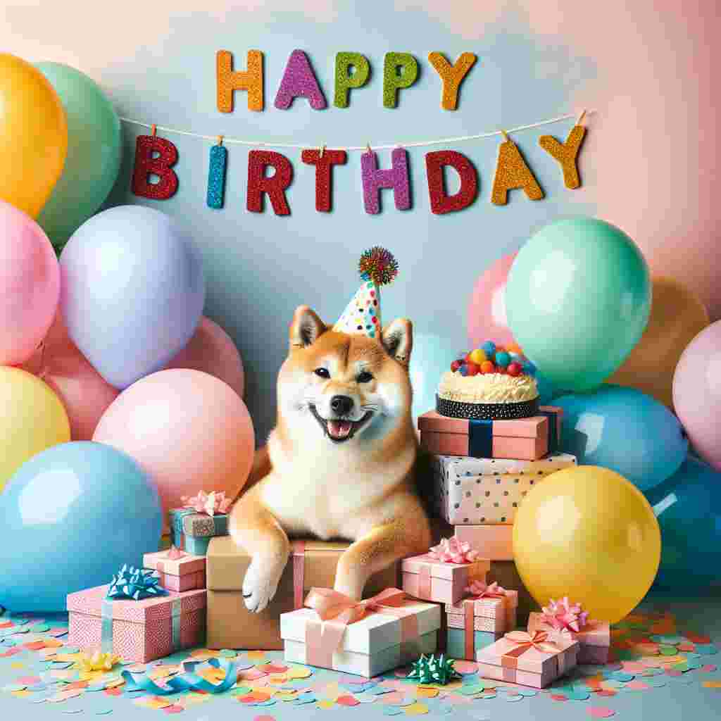 A cheerful birthday card featuring a fluffy Shiba Inu wearing a party hat, sitting among colorful balloons and a pile of presents. The backdrop is a pastel confetti-laden background with the bold text 'Happy Birthday' above the adorable scene.
Generated with these themes: Shiba Inu  .
Made with ❤️ by AI.
