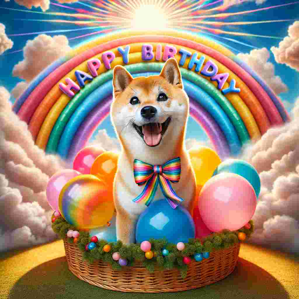 A playful Shiba Inu with a birthday ribbon around its neck stands in a basket of vibrant balloons. The sky is bright, decorated with fluffy clouds and a sunburst pattern, with 'Happy Birthday' cheerfully written across the sky, mimicking the curve of a rainbow.
Generated with these themes: Shiba Inu  .
Made with ❤️ by AI.