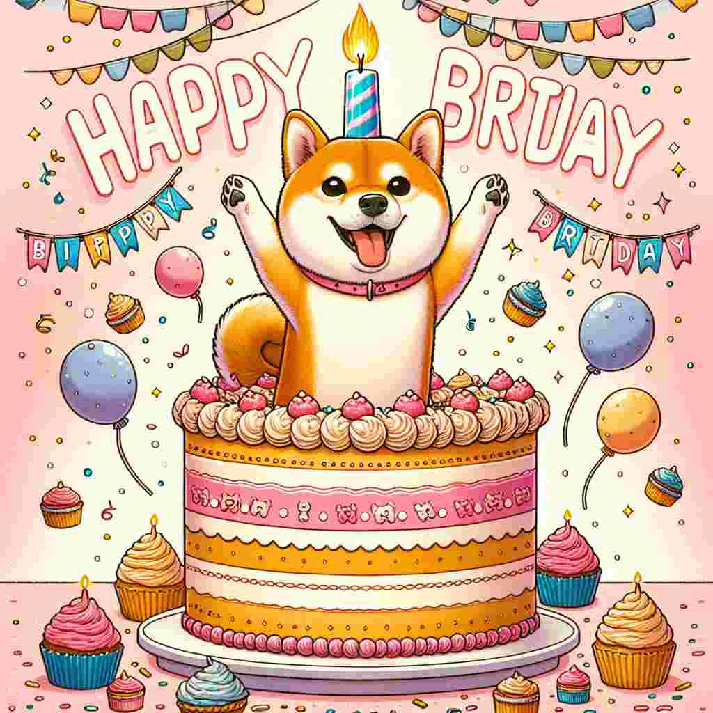 An adorable illustration of a grinning Shiba Inu popping out of a large birthday cake with a lit candle on top. Party streamers and tiny cupcakes decorate the background, while the phrase 'Happy Birthday' is prominently displayed in playful, bubble letters at the top.
Generated with these themes: Shiba Inu  .
Made with ❤️ by AI.