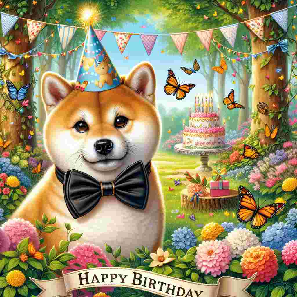 A quaint garden party scene where a Shiba Inu in a cute bow tie is surrounded by butterflies and flowers, with a festive birthday banner hung between trees in the background. Below, in elegant script, reads the greeting 'Happy Birthday'.
Generated with these themes: Shiba Inu  .
Made with ❤️ by AI.