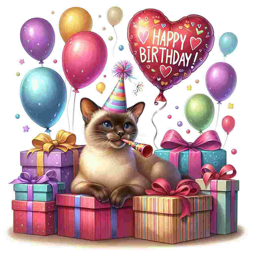 An adorable illustration showing a Burmese cat sitting atop a mountain of gifts, with a party blower in its mouth. Balloons float around, and among them is one shaped like a heart with 'Happy Birthday' clearly written on it, adding a personal touch to the scene.
Generated with these themes: Burmese Birthday Cards.
Made with ❤️ by AI.
