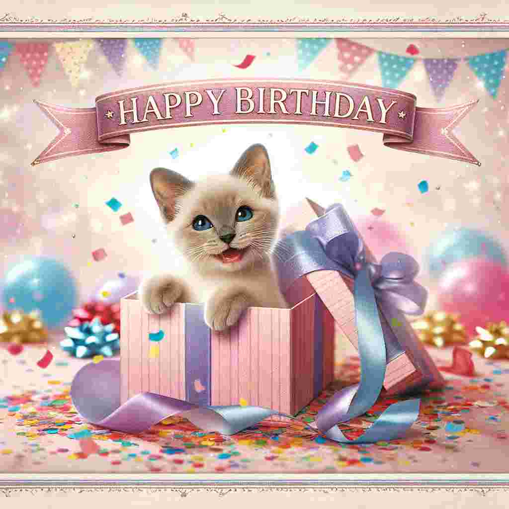 A playful scene featuring a Burmese kitten popping out of a gift box surrounded by confetti, with a birthday banner overhead. The words 'Happy Birthday' are written in elegant script on the card's border, capturing the essence of celebration.
Generated with these themes: Burmese Birthday Cards.
Made with ❤️ by AI.
